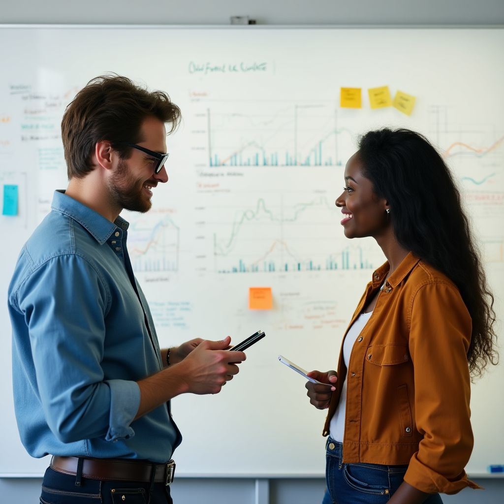 Fundadores de la empresa discutiendo estrategias en una pizarra