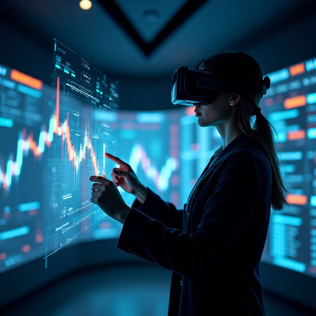 Estudiante usando gafas de realidad virtual para simular trading